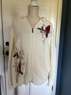 Cozy Ivory Zip-Front Sweater with Red Cardinal Embroidery